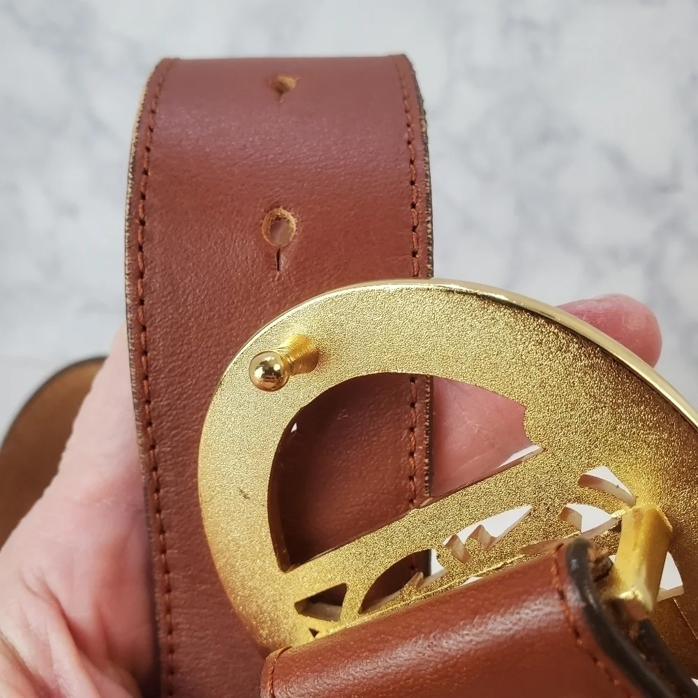 Christian Audigier Small Brown Leather Belt Skulls Roses Gold Halloween 90s Rare